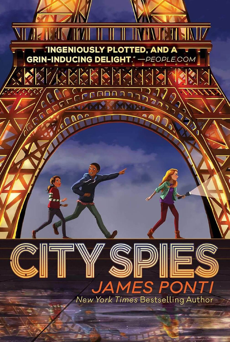 Three kids under Eiffel Tower at night, running with a flashlight. Book title: City Spies by James Ponti. Energetic and adventurous mood.