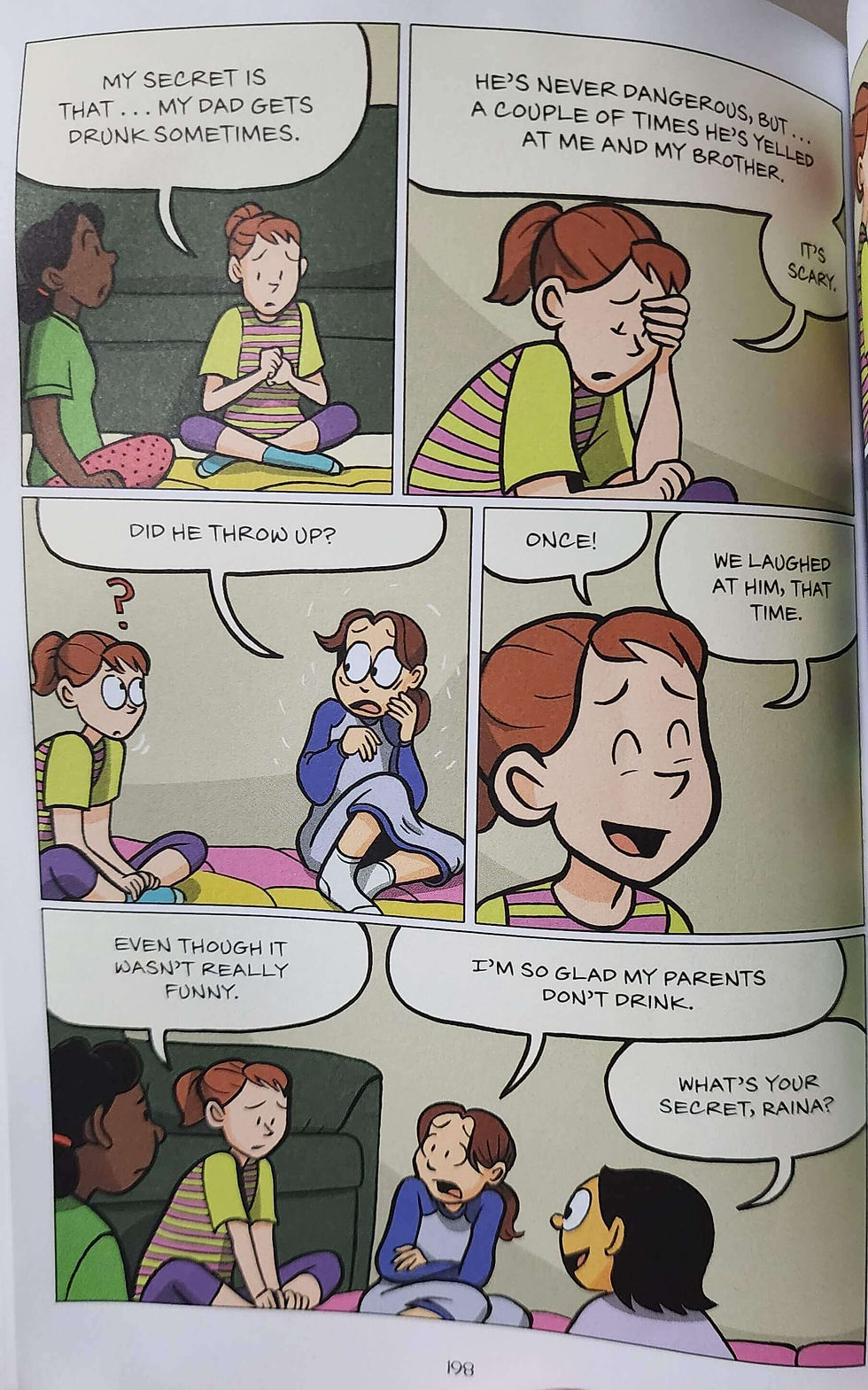 Comic page of kids on a bed; a red-haired girl says her dad gets drunk, looks scared, then smiles while friends listen.