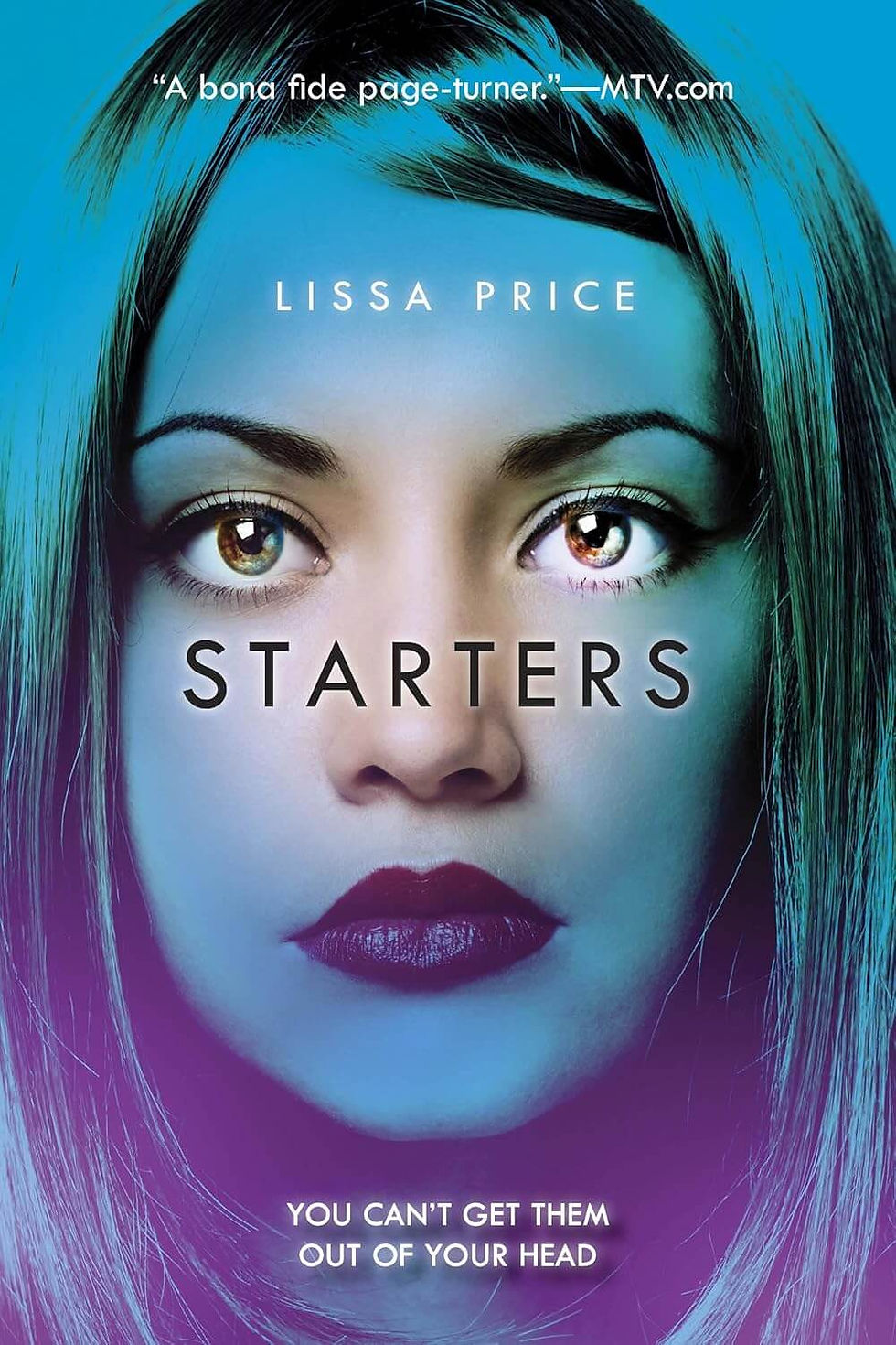 Close-up of a woman's face with intense eyes, text reads "Starters" by Lissa Price. Blue and purple hues create a mysterious mood.