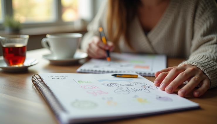 Eye-level view of a kitchen table with a planner, a cup of tea, and a child's drawing