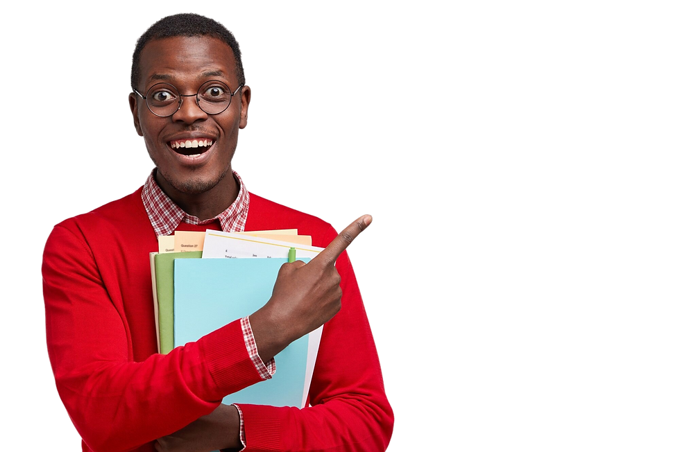 positive-college-student-has-dark-skin-carries-folders-book-points-with-cheerful-expressio