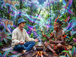 A man wearing a bucket hat, round yellow-lensed 70s sunglasses, and a billowy white tunic sits cross-legged across a campfire from an Indigenous shaman in a lush rainforest. Vibrant, glowing psychedelic smoke, glowing jaguar and snake spirits, colorful birds, and a starry cosmic portal swirl in the surrounding jungle.
