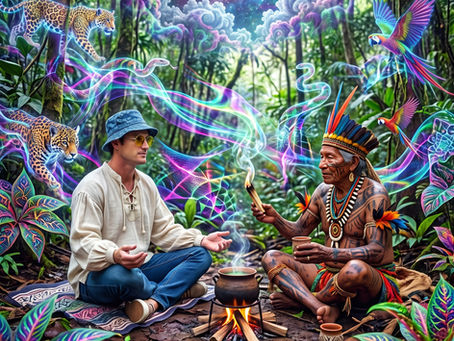 A man wearing a bucket hat, round yellow-lensed 70s sunglasses, and a billowy white tunic sits cross-legged across a campfire from an Indigenous shaman in a lush rainforest. Vibrant, glowing psychedelic smoke, glowing jaguar and snake spirits, colorful birds, and a starry cosmic portal swirl in the surrounding jungle.