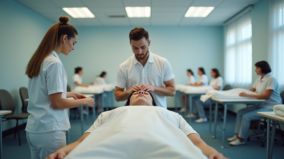 Eye-level view of a modern osteopathy classroom with students practicing techniques