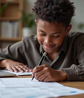 A student confidently completing a scholarship application with determination and focus-on
