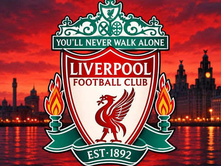 Liverpool FC crest in front of the Liverpool waterfront at sunset