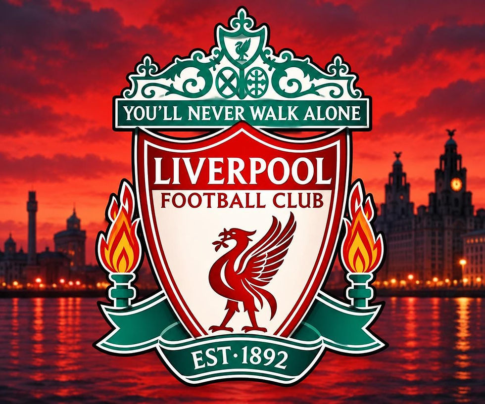 Liverpool FC crest in front of the Liverpool waterfront at sunset