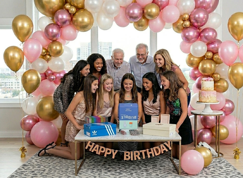 A group of teen girls watch their friend open up her gift