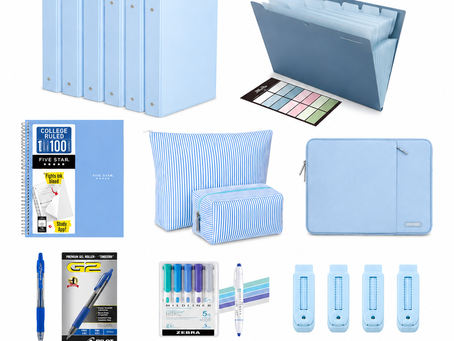 Flat lay of blue back-to-school essentials on a white background, featuring blue binders, an expanding file folder, Five Star notebook, Pilot G2 pens, Mildliner highlighters, blue erasers, laptop sleeve, blue striped makeup bag, Touchland hand sanitizer, Laneige lip treatment, Thrive mascara, L'Occitane hand cream, Moroccanoil dry shampoo, hairbrush, and hair ties arranged in an organized aesthetic layout.