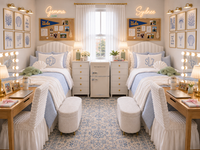 A symmetrical college dorm room decorated in a coastal blue aesthetic. The room features two twin beds with coordinating blue and white bedding, matching vanities with lighted mirrors, custom neon name signs above the headboards, and maximized storage solutions throughout.