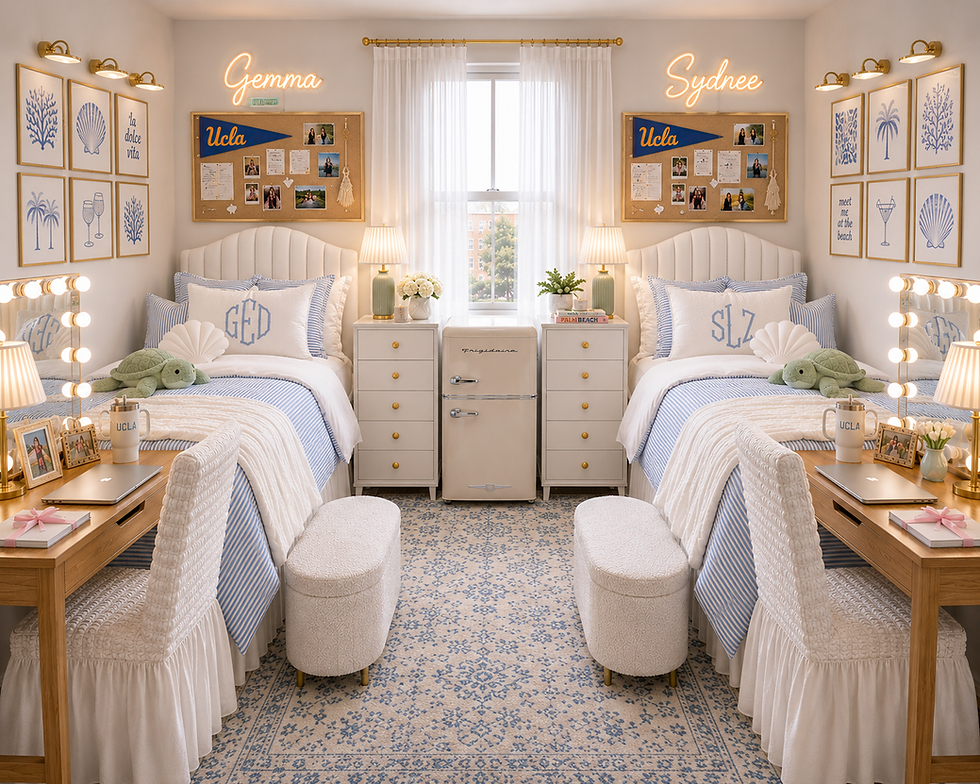 A symmetrical college dorm room decorated in a coastal blue aesthetic. The room features two twin beds with coordinating blue and white bedding, matching vanities with lighted mirrors, custom neon name signs above the headboards, and maximized storage solutions throughout.