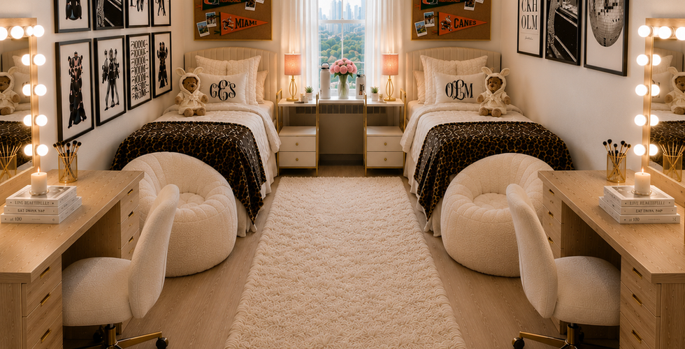 t: A symmetrical, long-view perspective of a college dorm room curated in a chic Stockholm Scandinavian style blended with university decor. Two identical light-wood desks with white rolling swivel chairs and vanity mirrors lined with lightbulbs face each other in the foreground. In the center, a plush, textured cream runner rug leads down the light hardwood floor toward a window overlooking a cityscape. Beyond the desks, two round, textured cream beanbag chairs sit at the foot of two twin beds. The beds feature matching cream bedding, leopard-print throw blankets, monogrammed pillows ("GCG" and "OLM"), and plush teddy bears. Above each headboard, orange neon signs reading "Gracie" and "Olivia" glow above corkboards decorated with University of Miami pennants. The walls are styled with structured grids of framed black-and-white graphic prints, including one prominently displaying the text "STOCKHOLM."