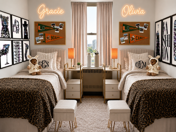A symmetrical college dorm room styled with Stockholm-inspired Scandinavian design elements mixed with university decor. Two twin beds with crisp beige comforters, matching tufted headboards, and leopard-print throw blankets sit on opposite sides of a central window. Each bed features a plush teddy bear, monogrammed accent pillows, and a white upholstered vanity stool with gold hairpin legs at the foot. Above each bed, a minimalist wood-framed corkboard displays University of Miami pennants under warm, glowing orange neon name signs reading "Gracie" and "Olivia." Identical modern white nightstands with gold accents and small amber-glass lamps flank the window, while a thick, high-pile cream shag rug covers the floor. The walls are decorated with structured grids of framed black-and-white graphic art prints, creating a clean, balanced, and chic student living space.