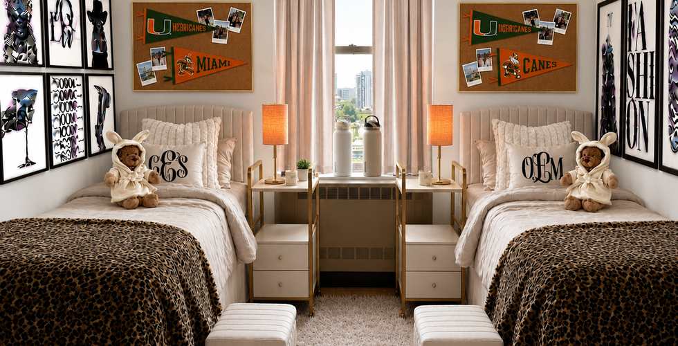 A symmetrical college dorm room styled with Stockholm-inspired Scandinavian design elements mixed with university decor. Two twin beds with crisp beige comforters, matching tufted headboards, and leopard-print throw blankets sit on opposite sides of a central window. Each bed features a plush teddy bear, monogrammed accent pillows, and a white upholstered vanity stool with gold hairpin legs at the foot. Above each bed, a minimalist wood-framed corkboard displays University of Miami pennants under warm, glowing orange neon name signs reading "Gracie" and "Olivia." Identical modern white nightstands with gold accents and small amber-glass lamps flank the window, while a thick, high-pile cream shag rug covers the floor. The walls are decorated with structured grids of framed black-and-white graphic art prints, creating a clean, balanced, and chic student living space.