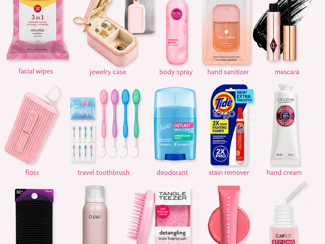 Best pink emergency bag essentials for school, college, and work including mini toothbrushes, floss, Touchland hand sanitizer, dry shampoo, deodorant, lip balm, Tide To Go stain remover, nail glue, and beauty essentials stored in a pink makeup bag.