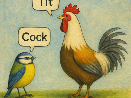 Illustration of a blue tit and a rooster facing each other. The blue tit says “Cock” and the rooster replies “Tit” in speech bubbles, creating a humorous wordplay.