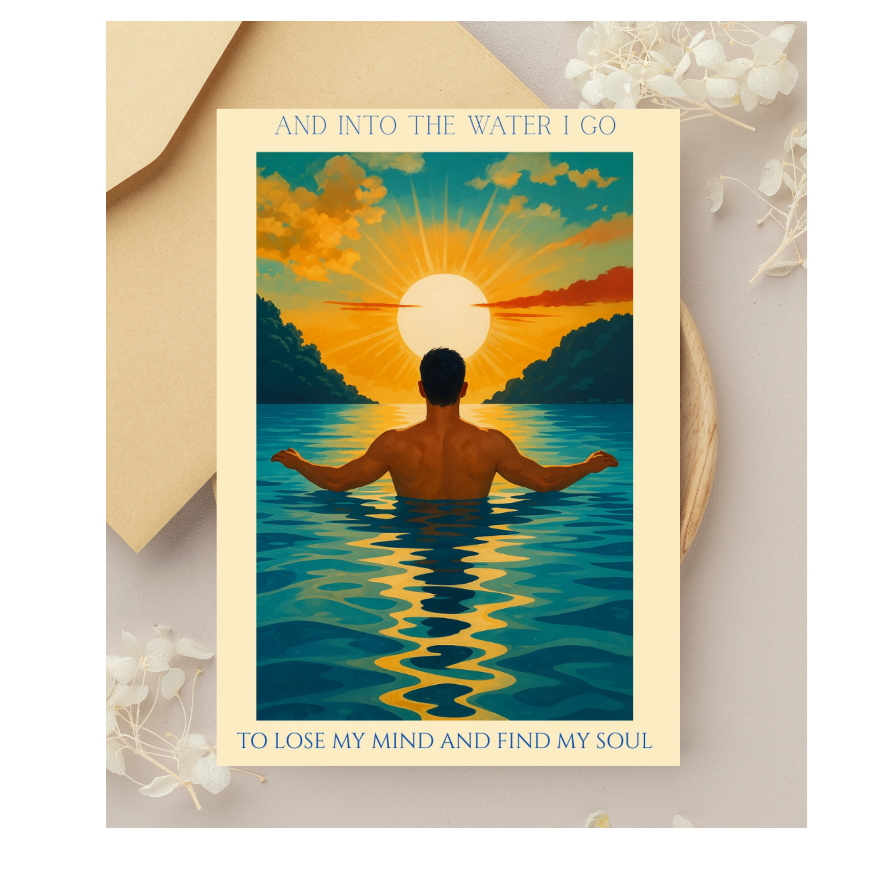 Inspirational Sunset Card for Men – “Into the Water I Go” Quote Tranquil Mindful