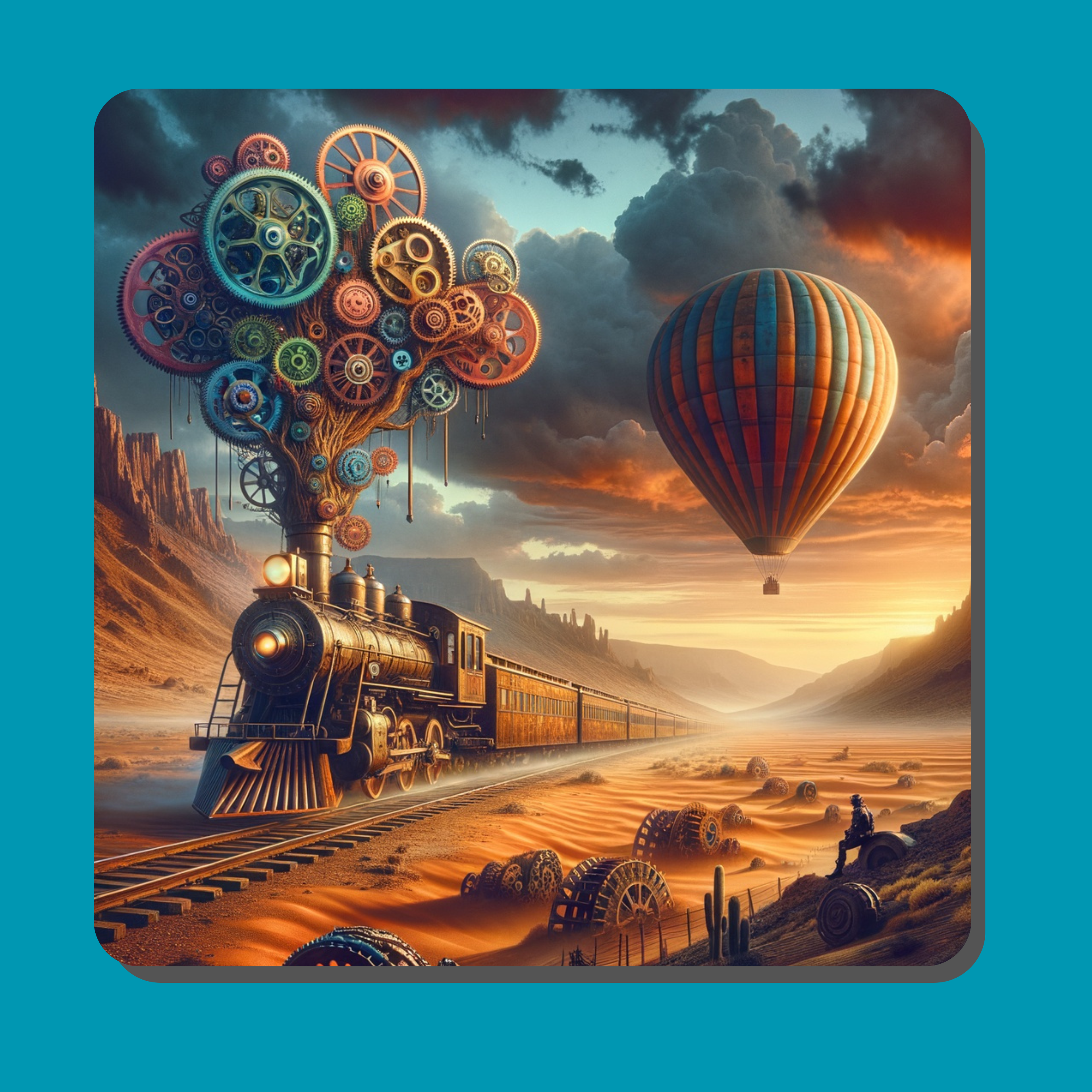 Steampunk Train Coaster – Surreal MDF Coaster with Hot Air Balloon & Gears | Fan