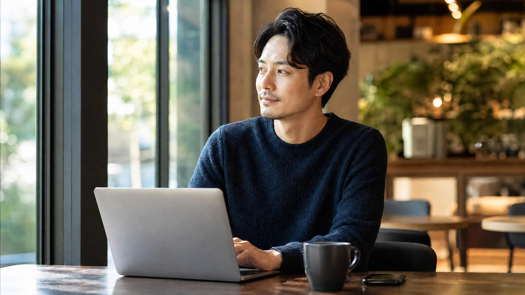 カフェでノートPCを開いてスマートに仕事をするローカルマーケター