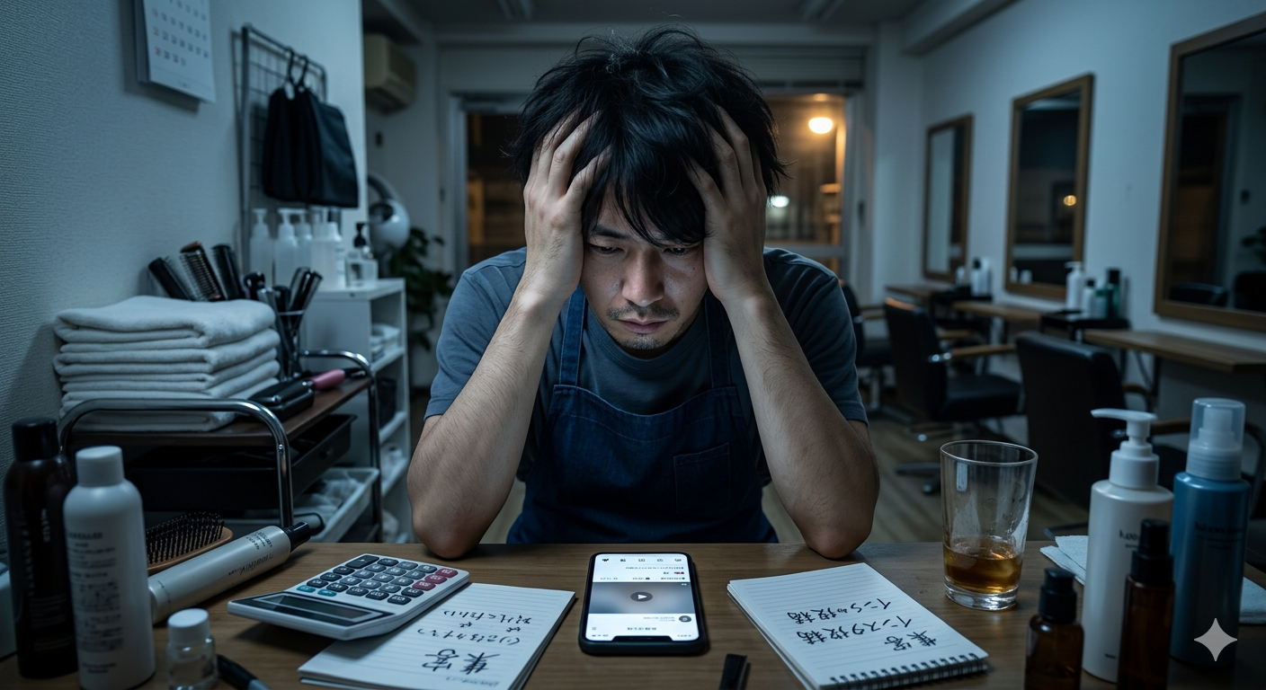夜遅く誰もいないサロンでスマホを見て悩む美容師