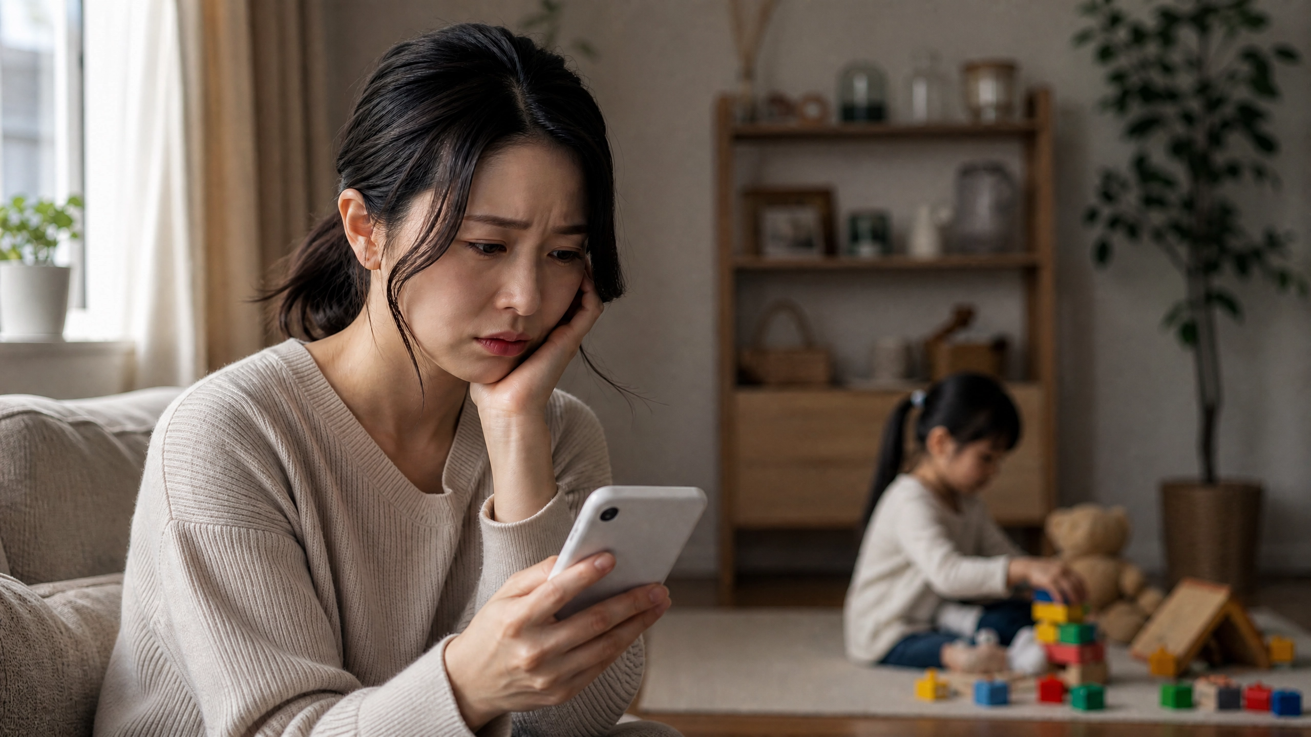 自宅サロンで一人で遊ぶ娘とスマホで集客を頑張るママ