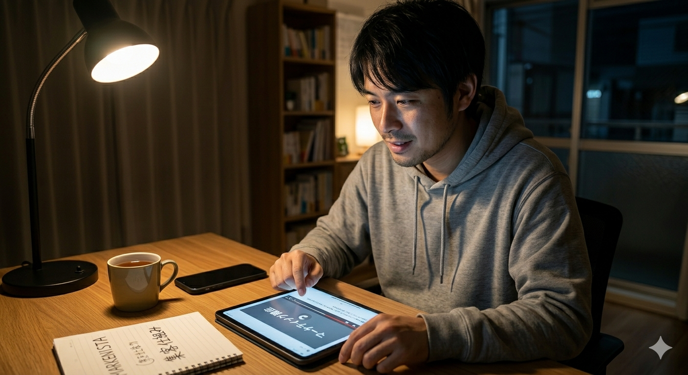 パソコンの前で集中して学習する男性