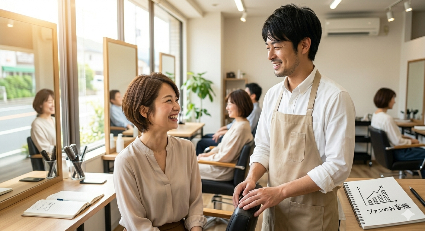 笑顔でお客さんを施術する男性美容師