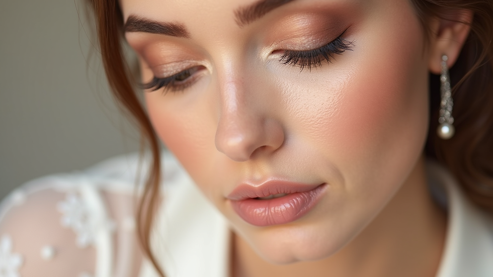 Close-up view of a soft glam bridal makeup palette with neutral tones