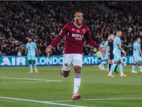 West Ham United football stadium with AI data analytics overlay, highlighting generative AI scouting platform collaboration with AWS and Crayon.