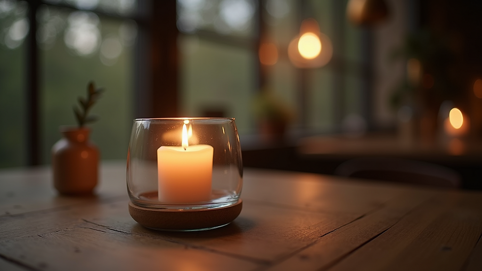 Close-up view of a lit candle in a sturdy glass holder on a wooden table
