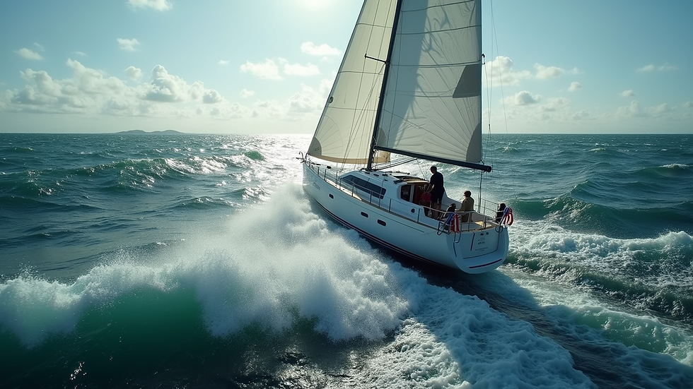 High angle view of a sailboat navigating through choppy ocean waves