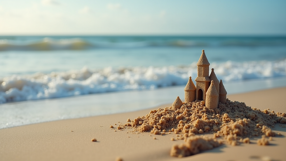 Close-up of a sandcastle on a beach with waves approaching