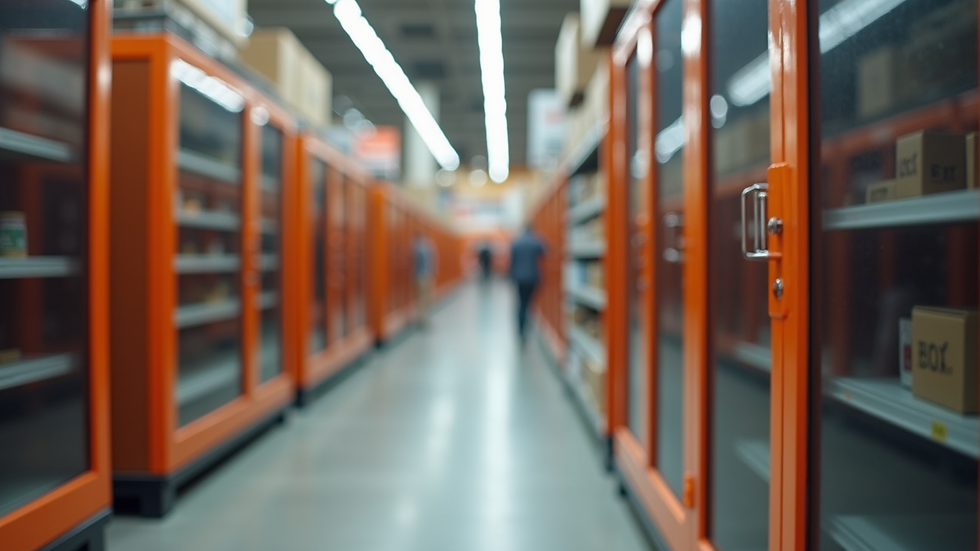High angle view of Home Depot store aisle with screen doors on display
