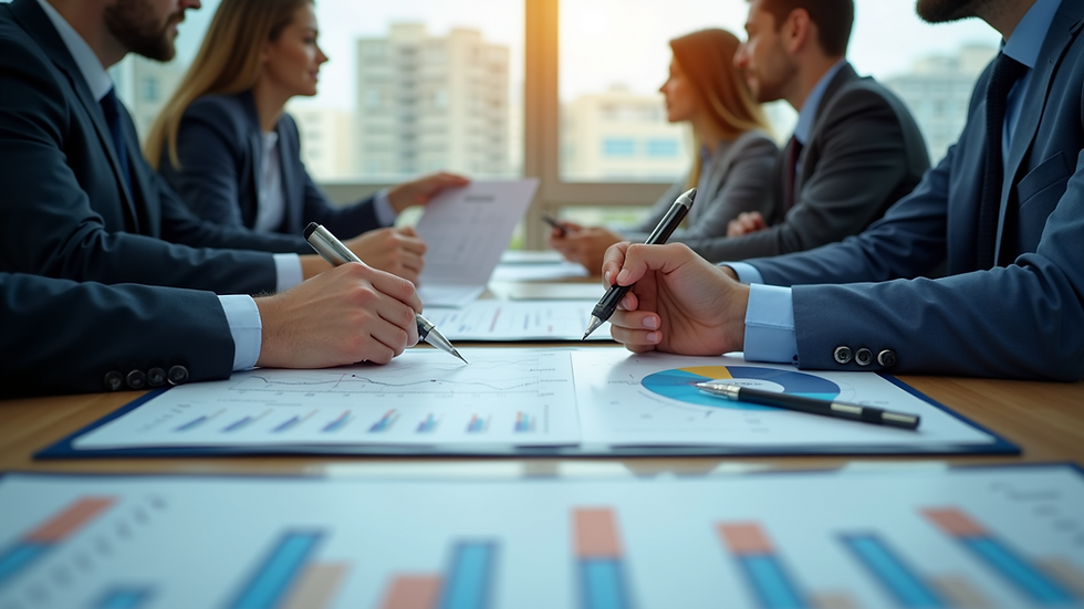 Wide angle view of an economic meeting with charts and graphs