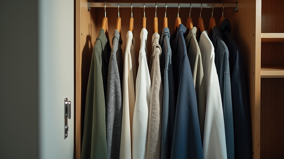Eye-level view of organized closet with neatly hung clothes