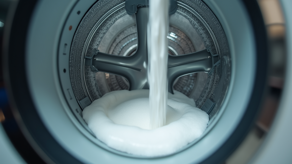 Eye-level view of washing machine with detergent being added