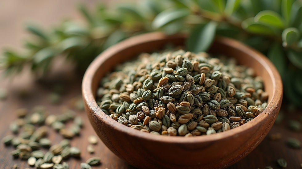 Close-up view of dried herbs in a wooden bowl