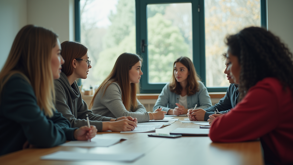 Eye-level view of a classroom with students engaged in group work