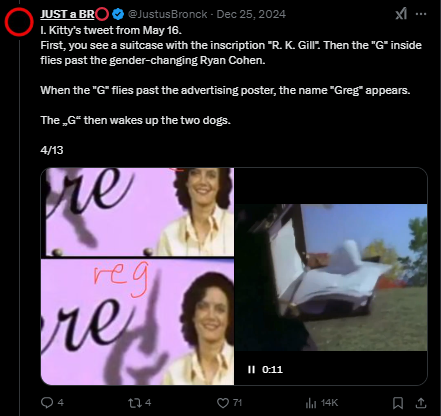 Same X user reveals that the name "Greg" appears across the screen in a Roaring Kitty meme. 