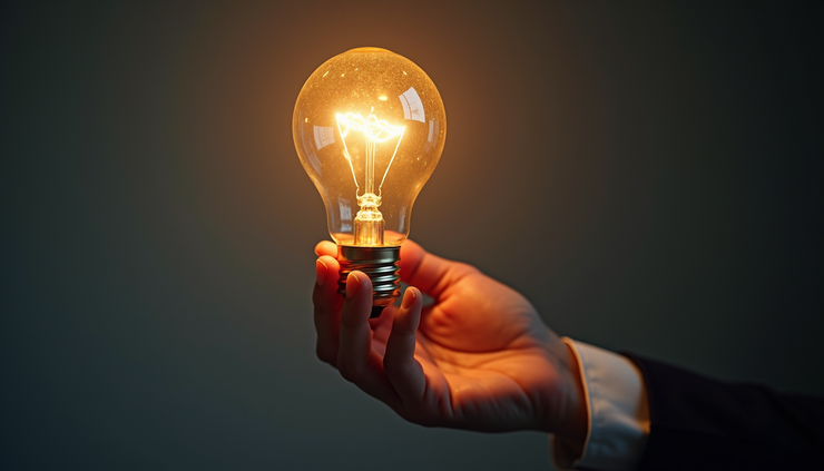 Eye-level view of a single hand holding a glowing light bulb symbolizing ideas and potential