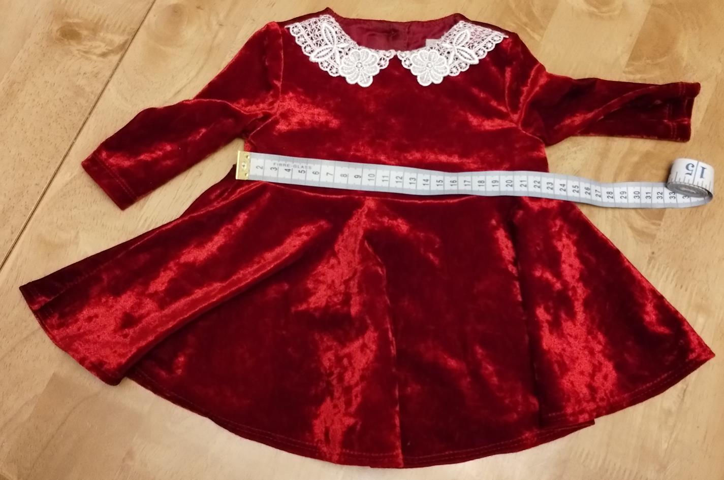 Toddler red velvet dress with white lace collar