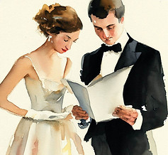 Watercolour of a couple dressed for a Ball looking at a program