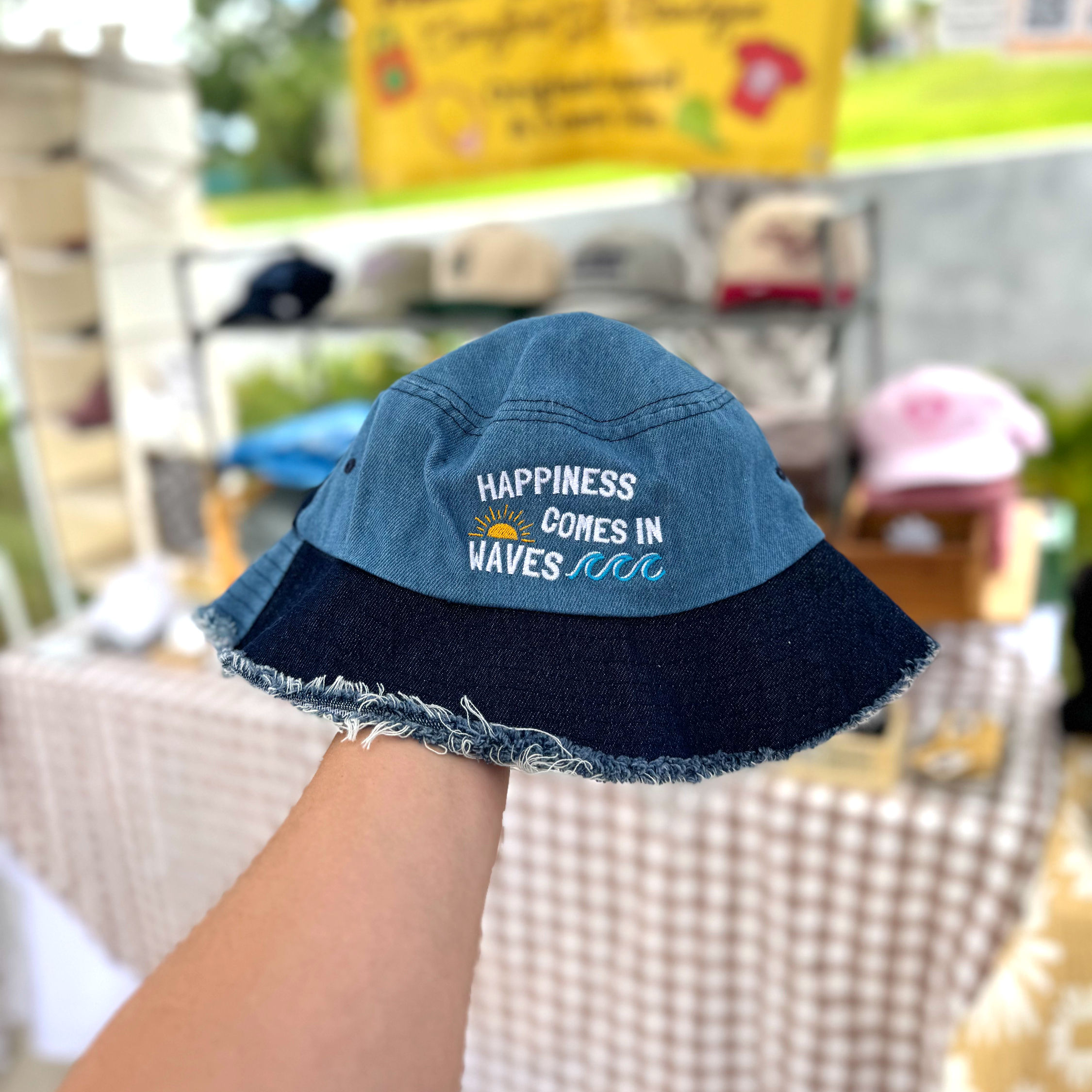 'Happiness Comes In Waves' Embroidered Denim Bucket Hat (Distressed Denim Brim)