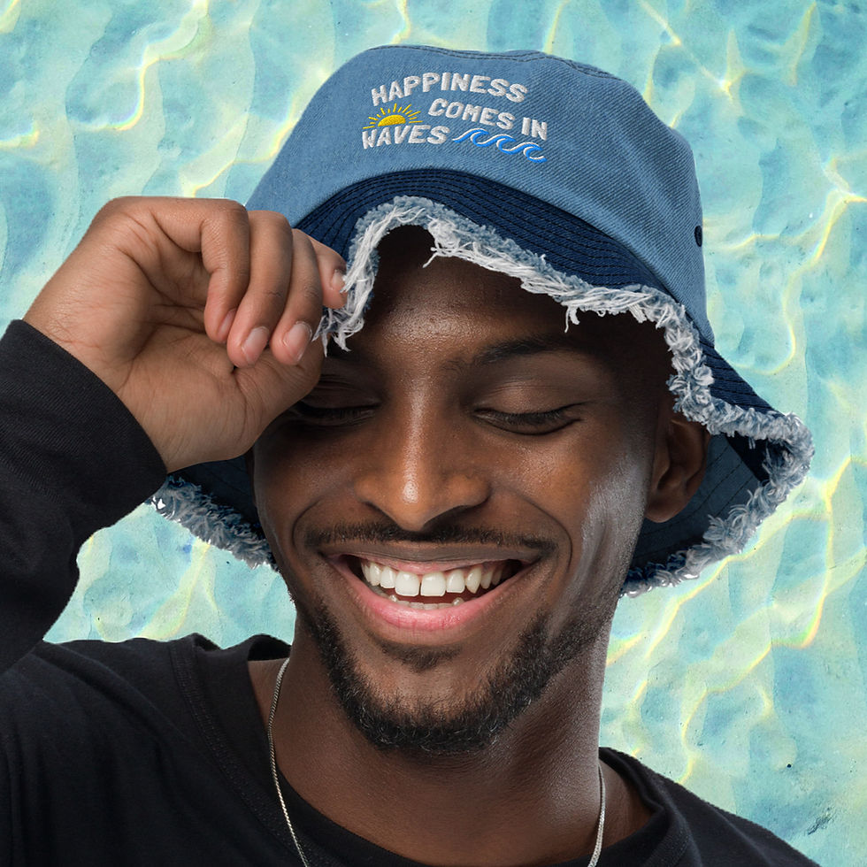 Thumbnail: 'Happiness Comes In Waves' Embroidered Denim Bucket Hat (Distressed Denim Brim)