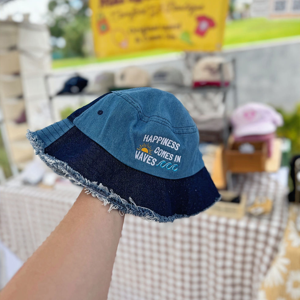 Thumbnail: 'Happiness Comes In Waves' Embroidered Denim Bucket Hat (Distressed Denim Brim)