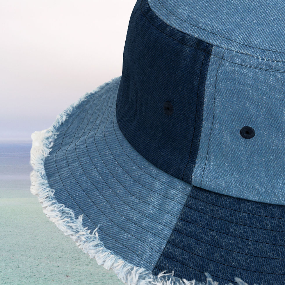 Thumbnail: 'Happiness Comes In Waves' Embroidered Denim Bucket Hat (Distressed Denim Brim)
