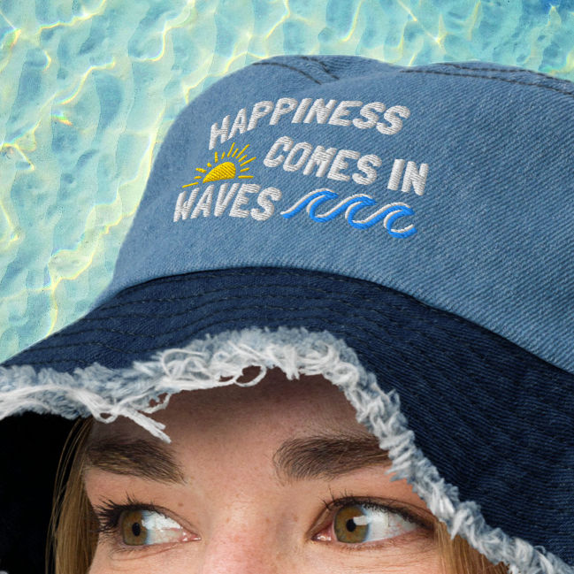 Thumbnail: 'Happiness Comes In Waves' Embroidered Denim Bucket Hat (Distressed Denim Brim)