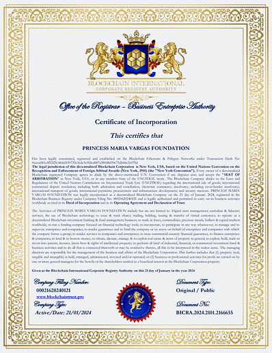 PRINCESS MARIA VARGAS DECENTRALIZED BLOCKCHAIN FOUNDATION - CERTIFICATE OF INCORPORATION