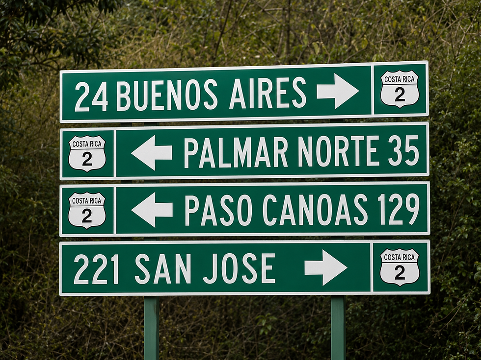 Señal vial con distancias para encomiendas a Buenos Aires de Puntarenas