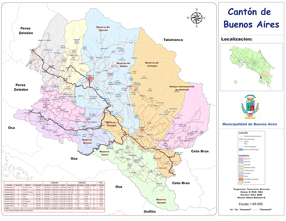 Mapa del Cantón de Buenos Aires, Puntarenas y distritos.